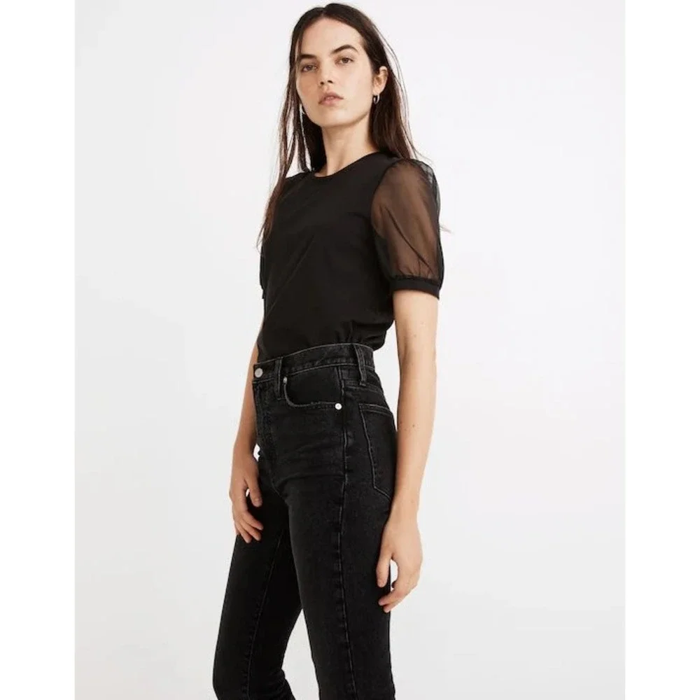 Madewell Black Sheer Mesh Puff Sleeve‎ Knit Top Crew Neck Small